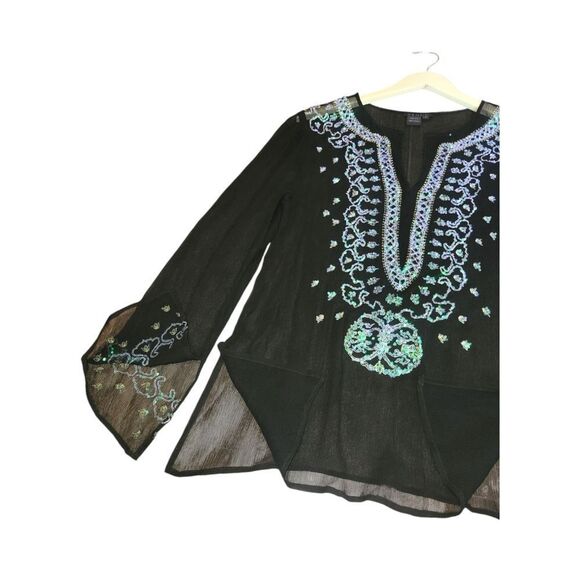 Venus Black Semi Sheer Silk Turquoise  Sequin Embroidered Beaded Tunic S - Picture 7 of 14